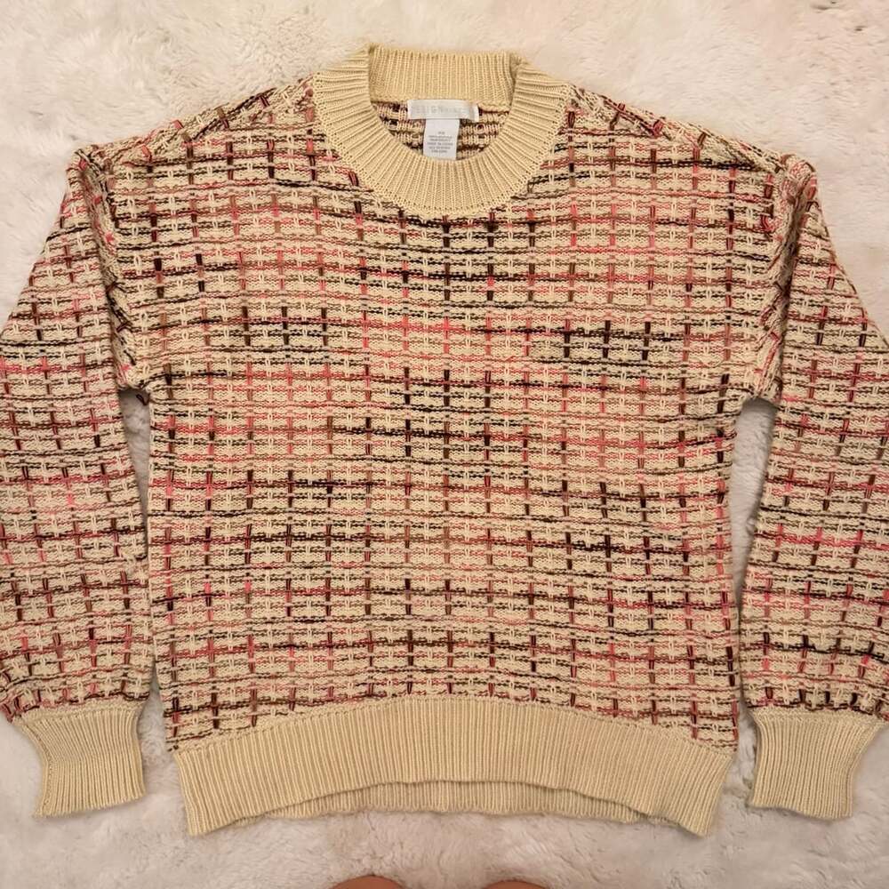 Design History Sweater Size XS Cream Pink Brown Knit Crewneck